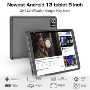 PRITOM 8 Inch Tablet Android 13, 8GB(4+4 Expand) RAM 64GB ROM,1TB Expand,1280×800 IPS Screen 5000MAH Battery,Dual Camera, WiFi
