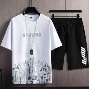 Summer Men’s Casual Sports Suit City Printed Sports Outdoor Jogging Sweatshirt Sweatpants Breathable Quick Drying 2 Piece Suit