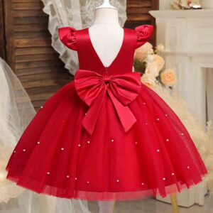 Toddler Girl Red Christmas Princess Dress Cute Baby Girl 1st Birthday Party Tutu Gown Newborn Backless Bow Beading Xmas Costume